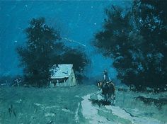 a painting of a man riding a horse down a dirt road