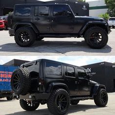 two pictures of black jeeps parked in a parking lot next to each other,