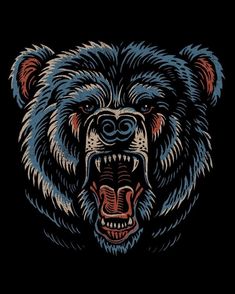 the head of a bear with an open mouth and sharp teeth on a black background