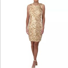 Nwt This Gorgeous Sleeveless Cocktail Dress From Belle Badgley Mischa In Wallis Gold , Tag Says Size 4 But Measures As A Size 6. Dress Has Light And Dark Gold Sequins In Swirling Pattern Throughout On A Beige Background. There Is A 20” Hidden Zipper In The Back With Hook/Eye Closure. Measurements: Laying Flat Armpit To Armpit Is 18” Across; The Waist Is 15” Across; The Hips Are 17” Across; And From The Top Of The Shoulder To The Bottom Of The Hem Is 36”. Comes From A Smoke Free Home. Gold Tag, Cocktail Dress Wedding, Elegant Shoes, Dark Gold, Gold Sequins, Mini Cocktail Dress, Beige Background, Cream And Gold, Size 6 Dress