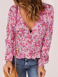 Women's Blouses Floral Print V-Neck Long Sleeve Blouse Floral Long Sleeve Shirt, Fall Blouse, Pleated Sleeves, Professional Attire, Ruffle Shirt, Floral Chiffon, V Neck Blouse, Long Blouse, Casual Blouse