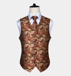 Mens Orange Paisley Vest Set from Gentlemansguru.com #orange #paisley #vest Elegant Brown Business Vest, Wizard Clothes, Prom Vest, Dress Suit Vest, Pocket Square Pattern, Formal Vest, Budget Outfits, Tuxedo Vest, Silk Vest