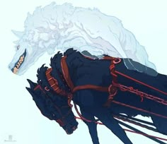 a drawing of a black horse with white mane and red harness on it's back