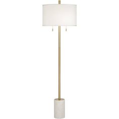 a floor lamp with a white shade on the top and a gold metal pole underneath