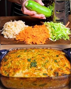 there are two pictures of different foods in the same pan and one has vegetables on it