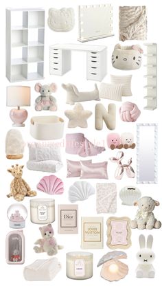 a collage of white and pink items including teddy bears, bookshelves, candles, soaps and more