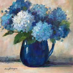 a painting of blue and white flowers in a vase