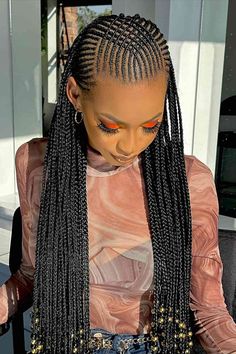 Tribal Cornrows with Feed-In Long Braids Bad Cornrows, Abuja Lines Hairstyles Braids, Conrows Lines For Black Women Long, Big Cornrows, Weaving Hairstyles, Corn Rows