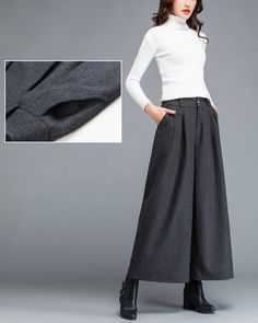 * A wide leg pants for winter, made of quality wool blends. * Two pockets, they are big enough for your hands. * Material: 50% wool, 50% polyester; lining-100% polyester * Washing instructions: Dry Clean Only * Let us know your usual size in your country and your overall height. * Can custom make waist size and length. * Size: True to US size, US 0-US 20 are available, you can let us know your usual size and height in your order. * Shipping: Free shipping Processing time : 5-7 Business days Deli Wide Leg Wool Dress Pants For Fall, Wool Dress Pants With Pockets For Fall, Elegant Baggy Dress Pants For Fall, Loosely Fitted Full-length Winter Pants, Fall Wool Ankle-length Pants, Winter Wide Leg Fitted Dress Pants, Fitted Wide Leg Winter Dress Pants, Fitted Wide Leg Dress Pants For Winter, Gray Baggy Wide Leg Pants For Fall