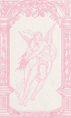 a drawing of an angel holding a woman in pink ink on white paper with ornate border