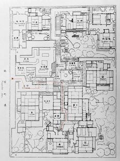 an old drawing shows the floor plan for a building with several floors and two levels