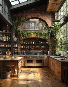 an industrial kitchen with exposed brick walls and wood flooring, surrounded by greenery