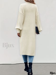 Bjux - Classic Open-Front Rib Knit Cardigan with Long Sleeves and Mid-Length Design - Womens Casual Sweater Long Beige Sweater Dress For Fall, Cream Long Sweater Dress For Fall, Spring Long Chunky Knit Sweater Coat, Long Cream Sweater Coat For Layering, Oversized Ribbed Sweater Coat For Winter, Long Winter Sweater Dress, Long Soft Knit Sweater For Layering, Long Chunky Knit Sweater Dress For Fall, Winter Long Sleeve Ribbed Sweater Coat