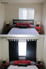 before and after photos of a bed with red pillows on it, then black curtains