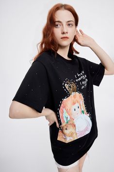 Details: Short sleeve cotton in black Crew neck 'Princess 'print with scattered sequins on front Materials & Care: 100% Cotton Hand wash | Dry clean Do not bleach Size & Fit: Model is 5'7", Bust 32, Waist 24, Hips 35, wearing a size S Item #: HL2TE19 Chic Me, Sleeve Cotton, Sweat Shirt, Bell Sleeve Top, Tee Shirts, Dry Clean, Hand Wash, Street Wear, Crew Neck