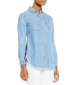 Casual Long Sleeve Blouse With Frayed Hem, Casual Spring Blouse With Frayed Hem, Long Sleeve Blouse With Frayed Hem For Fall, Fall Long Sleeve Blouse With Frayed Hem, Long Sleeve Blouse With Frayed Hem For Spring, Clothing Apparel, Dillard's, Denim Shirt, What To Wear