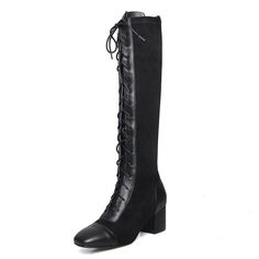 • Shaft material: Flock • Winter Season• Upper Material: Genuine Leather• Boot height: knee Length• Lining material: Short Plush• Toe shape: Square Toe• Heel height: High (5cm-8cm)• Closure Type: Lace-Up• Fit: Fits true to size, take your normal size• Import Product Knee High Lace Up Boots, Tie Boots, Black Velvet Shoes, Leather Knee High Boots, Brand Name Shoes, Velvet Shoes, Fur Shoes, Genuine Leather Boots, Square Toe Heels