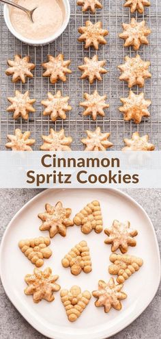 cinnamon spritz cookies on a white plate