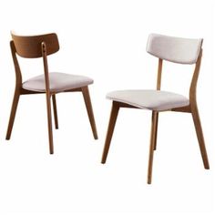 two wooden chairs with white upholstered fabric seat covers and back cushions, side by side