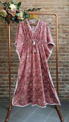 Pink printed kaftan, hand block print kaftan, beachwear, women's dress, cover ups, cotton kaftan, hippie dress, bikini cover up, women nightwear, holiday wear, bohemian dress, boho kaftan, vintage kaftan, kaftan maxi, dress for her, gift for mom, gift for girlfriend, beachwear cover-ups, comfy kaftan, printed kaftan, womens kaftan   Feel beautiful and confident throughout your days wearing our block printed outfits, made with high quality soft and breathable cotton fabric.  The print on the dres Summer V-neck Kaftan With Printed Motifs, Summer V-neck Printed Kaftan, Bohemian Beach Dresses With Printed Motifs, Pink Printed Kaftan For Beach Cover-up, Pink Printed Kaftan For Summer, Summer Pink Kaftan With Printed Motifs, Cotton Dresses With Block Print And Kimono Sleeves, Boho Print V-neck Kaftan For Beach, Summer Dresses With Printed Motifs And Kimono Sleeves