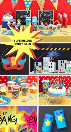 a collage of photos with birthday decorations and party items on it, including cake