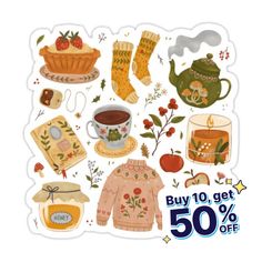 a sticker with an assortment of items for sale on the front and back of it