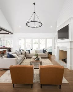 a living room filled with furniture and a flat screen tv mounted on the wall over a fireplace