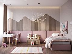 a child's bedroom decorated in pastel pinks and greys with teddy bears on the bed