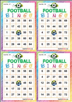 four different printable football game cards with numbers and balls on them, all in rainbow colors