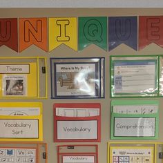 a bulletin board that has different types of words and pictures hanging on the wall in front of it