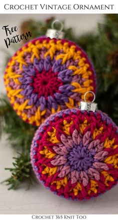 two crocheted ornaments hanging from a christmas tree