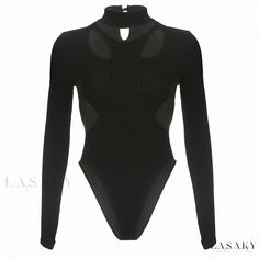 Lasaky - Seductive Irregular Hollow Out Jumpsuit with Long Sleeves and Thumb Hook Top Asymmetrical Black Bodysuit For Party, Black Asymmetrical Bodysuit For Party, Black Asymmetrical Party Bodysuit, Fitted Asymmetrical Bodysuit For Party, Asymmetrical Black Stretch Bodysuit, Stretch Cutout Long Sleeve Bodysuit, Cutout Long Sleeve Stretch Bodysuit, Stretch Long Sleeve Cutout Bodysuit, Elegant Cutout Bodysuit For Party