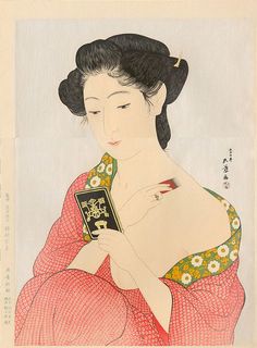 Woman Applying make-up (1918), by Hashiguchi Goyo Woman Applying Makeup, Woodcuts Prints