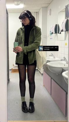 Green Demin Jacket Outfit, Craft Inspired Outfits, Shoe Gazer Aesthetic, Modest Doc Martens Outfit, Relaxed Interview Outfit, Soft Goth Outfits Fall, Short Docs Outfit, What To Wear With Tights, Darkcore Aesthetic Outfits