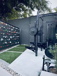 an outdoor gym with artificial turf and climbing wall