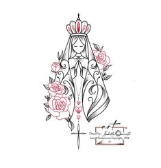 a drawing of a virgin mary with roses on her arm and a cross in the middle