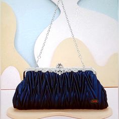 Navy Blue Satin Formal Evening Bag, Clutch, Purse, Hideable Silver Chain Strap, New In Package! Elegant Blue Shoulder Bag Clutch, Elegant Blue Clutch For Everyday Use, Navy Rectangular Shoulder Bag For Evening, Navy Rectangular Evening Shoulder Bag, Blue Handheld Bag For Formal Occasions, Blue Handheld Bags For Formal Occasions, Formal Blue Handheld Bag, Blue Clutch Bag For Formal Occasions, Elegant Blue Pouch Bag