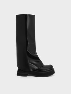 Black Cove Platform Knee-High Boots - CHARLES & KEITH US Platform Boots Knee High, Fold Over Boots, Harajuku Punk, Leg Warmer, Faux Leather Heels, Size Chart For Kids, Charles Keith, Brunch Outfit, Boots Knee