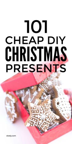 some cookies in a red box with the words 101 cheap diy christmas presents