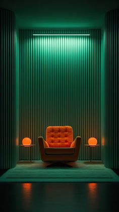 an orange chair sitting in front of a green wall