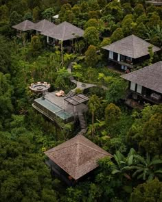 an aerial view of some houses in the woods