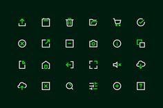 a set of green and white icons on a black background, including symbols such as cursive letters