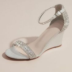 David's Bridal Silver Crystal-Embellished Metallic Wedges Style #Raquel Bride Shoes Wedges, Ball Heels, Bridal Shoes Wedges, Silver Bridal Shoes, Davids Bridal Shoes, Wedding Wedges, Wedge Wedding Shoes, Winter Ball