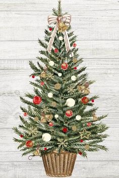 a painting of a christmas tree in a basket on a white wooden background with red and gold ornaments