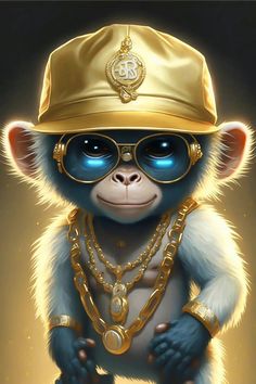 a monkey wearing sunglasses and a gold hat with chains on it's neck, standing in front of a dark background