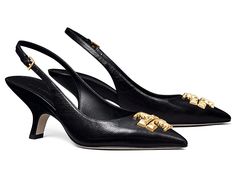 Tory Burch Eleanor Slingback 65 mm - Women's Shoes : Perfect Black/Gold : Look fabulous by elevating your style game in the chic and elegant design of the classy Tory Burch Eleanor Slingback 65 mm heels. Caprine upper. Bovine leather lining and insole. Goldtone buckle closure on the ankle strap. Point toe construction. Signature brand cross adorns the vamp. Pretty and elegant kitten heels. Bovine leather outsole. Imported. Measurements: Heel Height: 2 9 16 in Product measurements were taken usin Luxury Horsebit Heels For Evening, Elegant Luxury Coach Heels, Luxury Elegant Coach Heels, Designer Black Heels With Buckle Closure, Tory Burch Shoes Heels, Tory Burch Heel Sandals, Luxury Open Toe Slingback Pumps With 4-inch Heel, Tory Burch Sandals Black, Tory Burch Heels