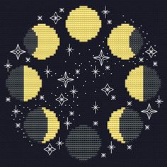 a cross stitch pattern with stars and moon in the center on a black background,