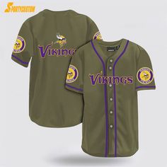 Minnesota Vikings Nfl Baseball Jersey For Awesome Fans is a unique jersey designed for NFL and baseball fans. It is made of high-quality, breathable, ... Green Baseball Jersey With Team Name, Green College Baseball Jersey For Baseball Season, Sports Season Jersey With Team Logo And Baseball Collar, Sports Season Baseball Jersey, Varsity Sports Jersey With Baseball Collar, Varsity Style Moisture-wicking Baseball Jersey, Baseball Jersey With Team Logo For Sports Season, Jersey With Baseball Collar For Sports Events, Crew Neck Baseball Jersey For Fan Gear