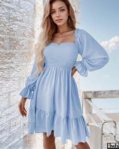 Fisdy - Vestido Floral de Manga Larga con Elegante Detalle de Hoja de Loto Ruffle Long Sleeve Dress, Blue Long Sleeve Dress, Square Neck Dress, Lotus Leaf, Ruffle Hem Dress, Flounce Sleeve, Hoco Dresses, Dresses For Teens, Hem Dress