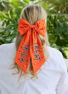 Celebrate Halloween all month long in this orange themed bow! It has 'Trick' and 'Treat' down the sides in beautiful beading. This hair bow also features rhinestone and beaded accents as well. Treated Hair, Hair Bow, Trick Or Treat, Hair Bows, Beading, Beads, Halloween, Orange, Celebrities